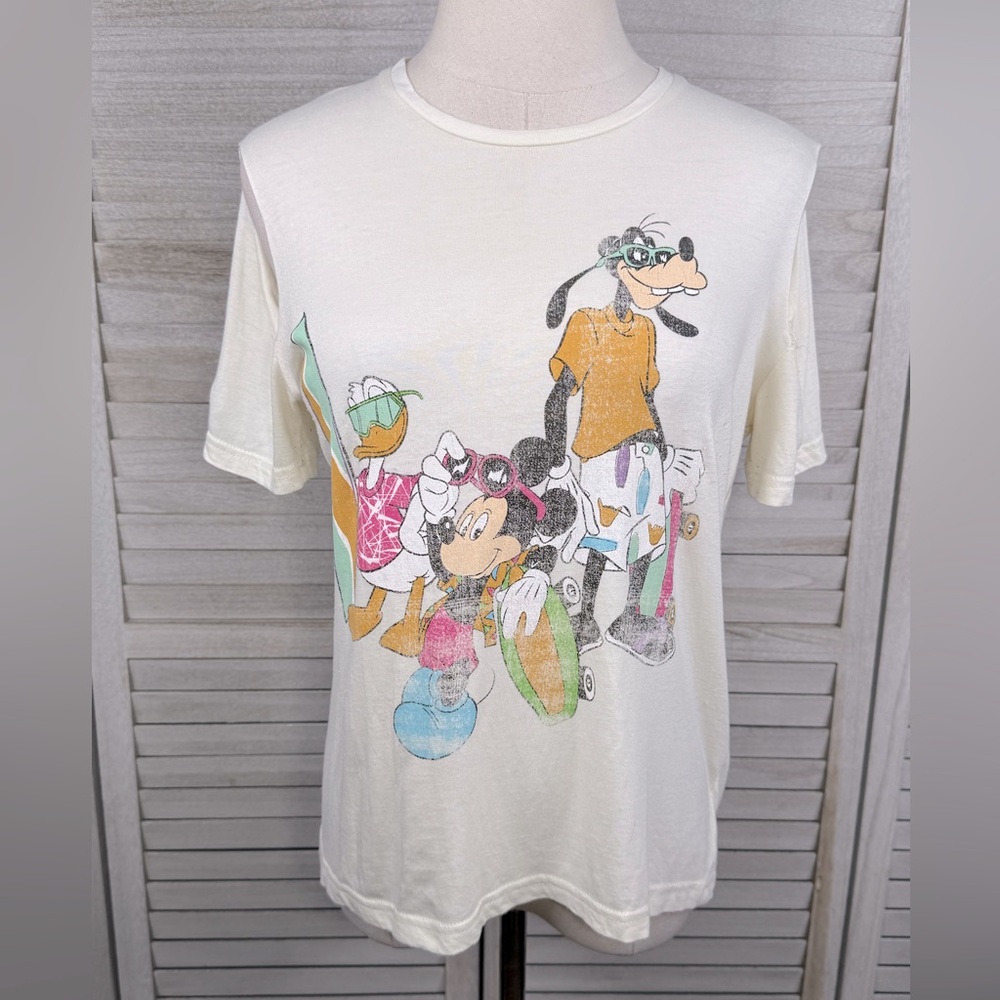 DISNEY Retro Mickey & Friends Vintage Look Tee with Cut out Shoulders Cream-XS